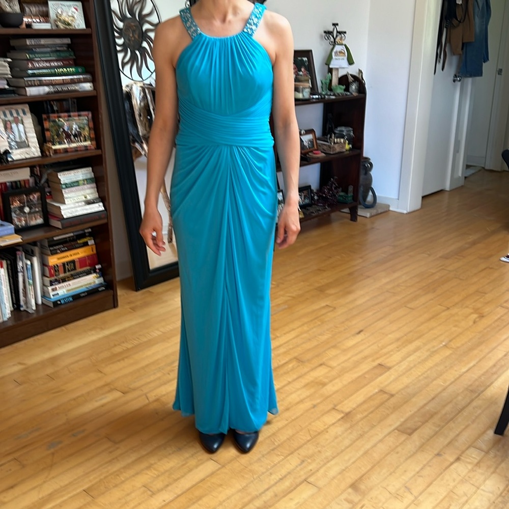 David’s Bridal blue teal prom, bridesmaid, wedding guest dress